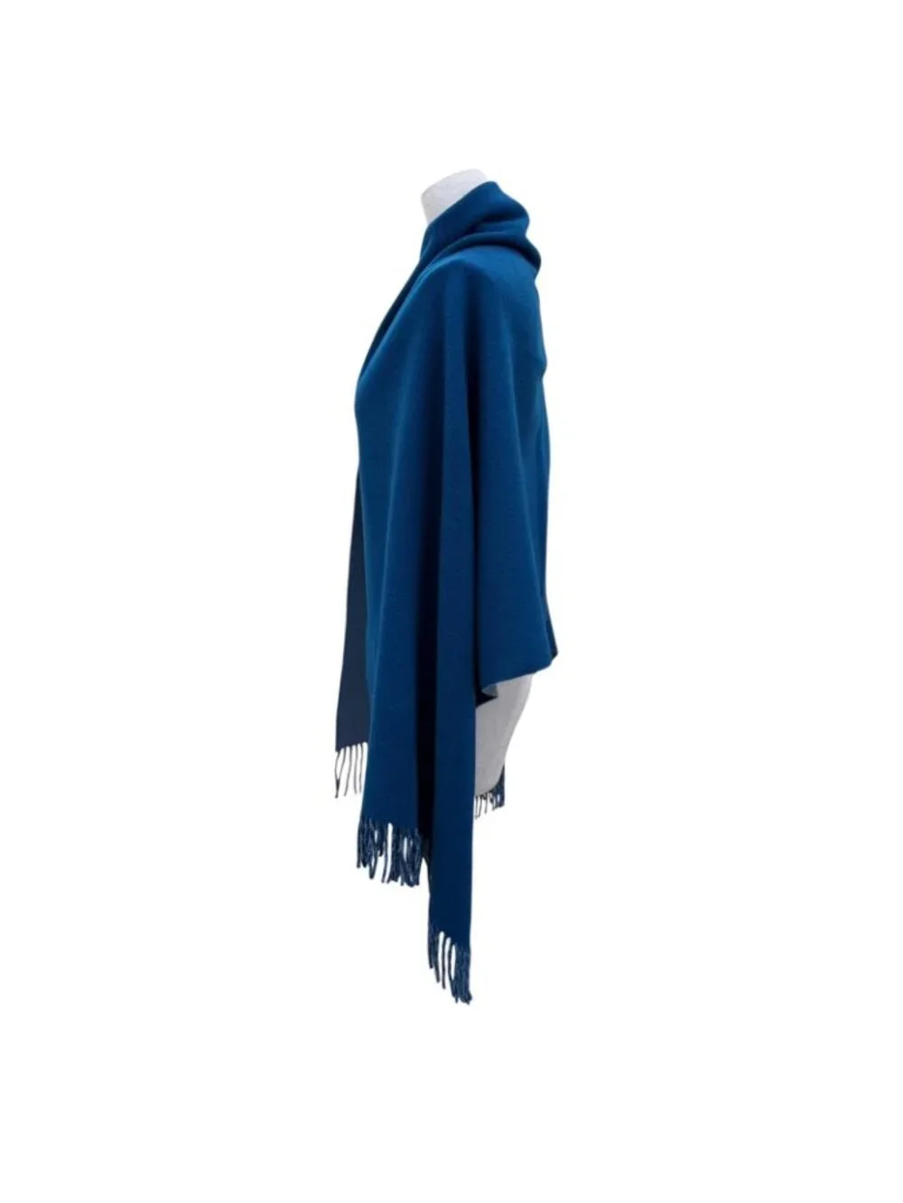 Hermes Cashmere Logo Embroidery Bicolor with Fringe Large Scarf Shawl Blue